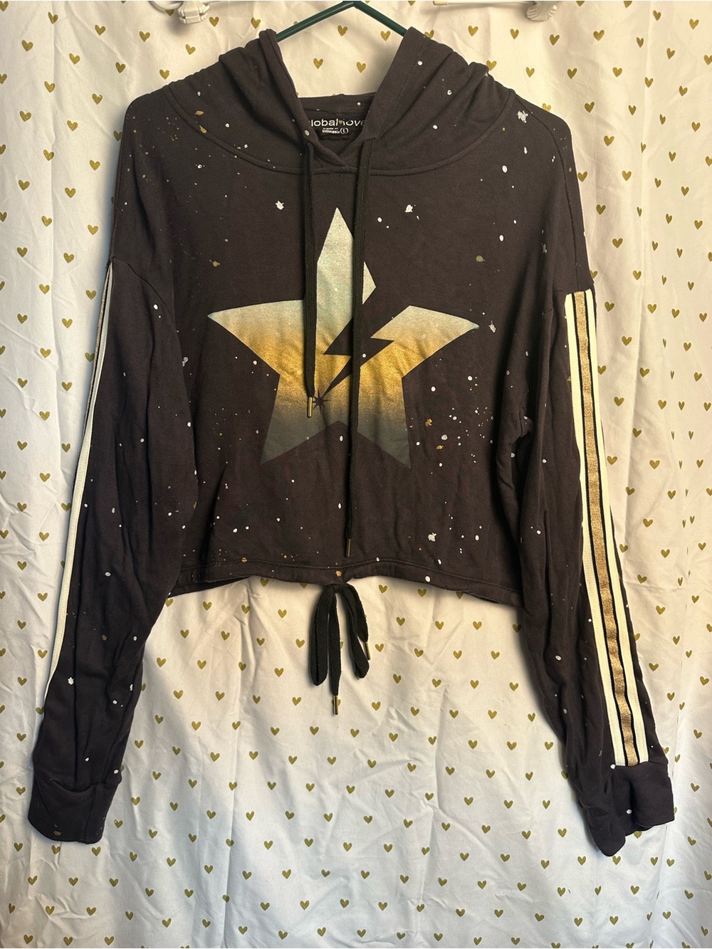 Global Love Black Cropped drawstring bottom Hoodie splattered w Gold Star